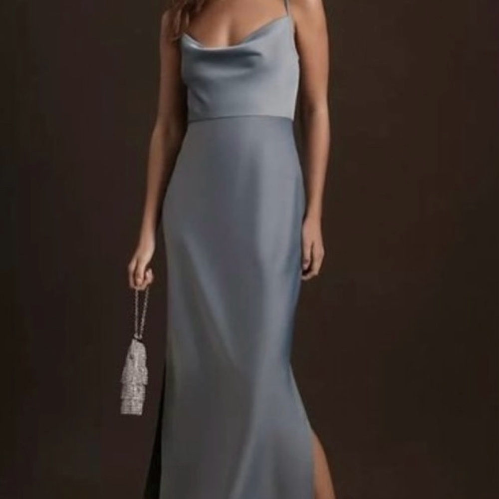 BHLDN Cali Charmeuse Bridesmaid Midi Slip Dress Dusty Blue - NWT Anthro
